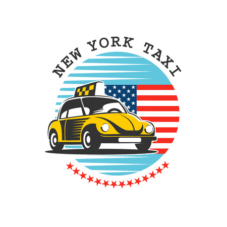 Taxi New York. Yellow taxis in the background of the American star spangled banner. Vector logo. Isolated on a white background.のイラスト素材