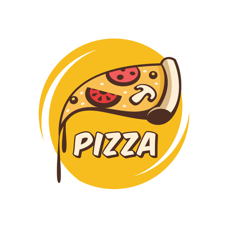 Vector logo in a cartoon style. A slice of hot pizza with mushrooms, sausage, tomatoes and cheese in hand.のイラスト素材