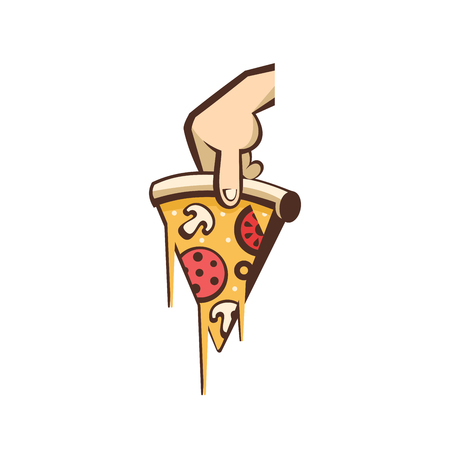 A slice of hot pizza with mushrooms, sausage, tomatoes and cheese in hand. Vector logo pizza.のイラスト素材