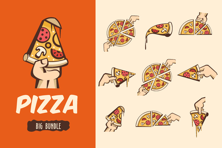 Large bundle pizza. Vector logos, illustrations for cafes pizzerias. The pieces of pizza in his hand.のイラスト素材