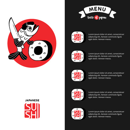 Logo sushi. Fish the chef prepares the sushi. Logo, the sign for Japanese restaurant. Template menu restaurant sushi.のイラスト素材