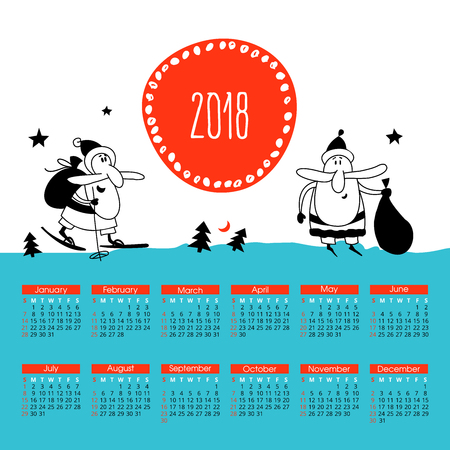 Calendar for 2018. Vector illustration with funny Santa Claus skiing with a sack of gifts.のイラスト素材