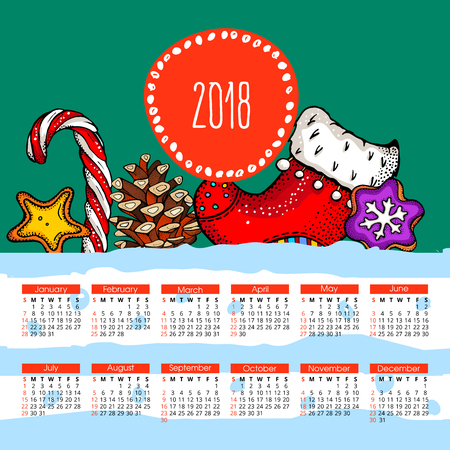 Calendar 2018. Vector illustration. Hand drawn poinsettia, Christmas socks, cookies, candy.のイラスト素材