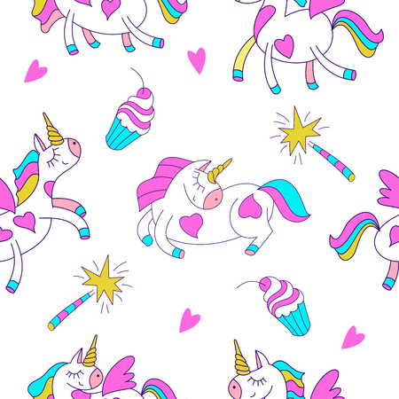 Seamless pattern with cute magical unicorns. Vector illustration. Unicorns, rainbows, clouds, magic wand.のイラスト素材