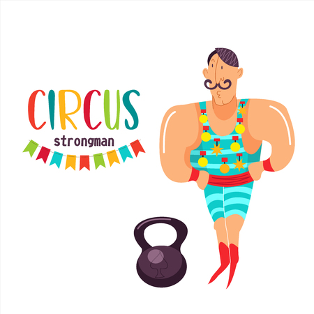 Circus. Circus artist. Strongman and kettlebell. Vector illustration isolated on white background.のイラスト素材