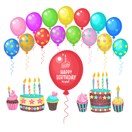 Multicolored balloons. Birthday cake with candles. Bright festive illustration. Congratulations on the birthday.のイラスト素材