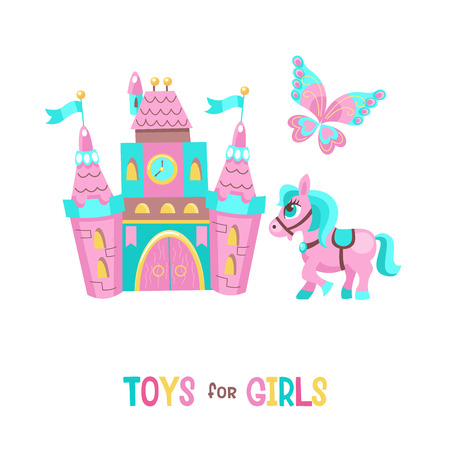 Toys for girls. Vector clipart. Fairytale medieval castle. Cute pink horse. Beautiful butterfly. Isolated on a white background.のイラスト素材
