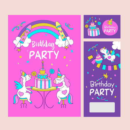 Happy birthday! Cute illustration with magical unicorns. Unicorns celebrating their birthday with a big beautiful cake.のイラスト素材