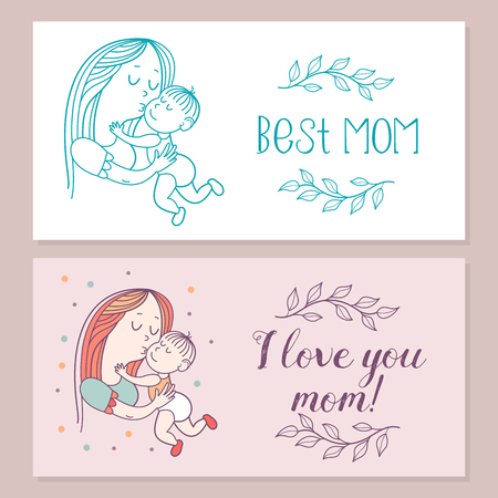 Greeting card mother's day. The best mom. A pretty mother holds cute baby. Linear illustration. Vector emblem. The floral pattern.のイラスト素材