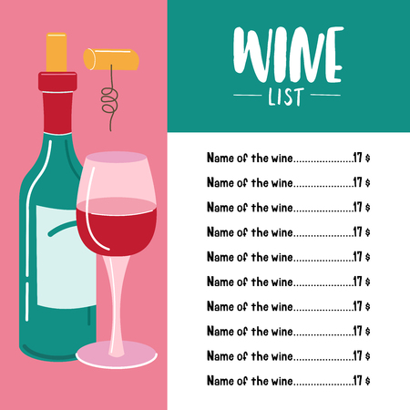 The template menu. Wine list. Wine bottle, glass and corkscrew. Vector illustration.のイラスト素材