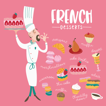 French cuisine. Vector illustration. A large set of traditional French dishes with inscriptions. The chef makes a hand gesture signifying how this dish delicious.のイラスト素材