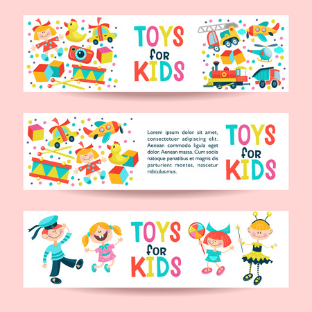 Set of three banners with place for text. Children's toys. Boy and girls in carnival costumes.のイラスト素材