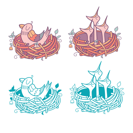 Emblem. The Chicks sit in the nest waiting for mom. Mama bird sits in the nest. Set of vector clip-arts. Isolated on a white background.のイラスト素材