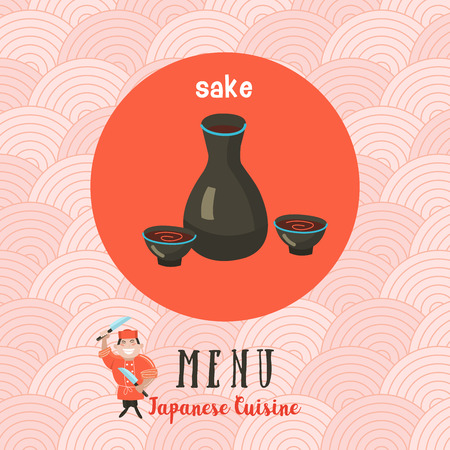 Japanese cuisine. Templates menus Japanese restaurant. Sake on the background of traditional pattern. Vector illustration.のイラスト素材