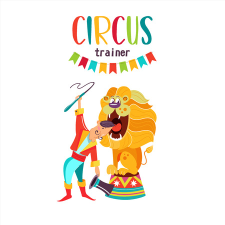 Circus artist. The lion tamer puts his head in the lion's mouth. Circus lion sitting on a pedestal. Vector illustration. Isolated on a white background.のイラスト素材