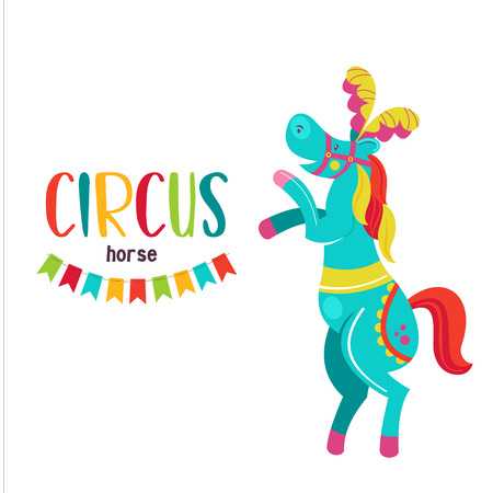 Circus artist. Circus animals. A trained circus horse stands on its hind legs. Decorated with feathers. Vector illustration. Isolated on a white background.のイラスト素材