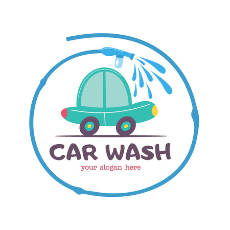 The emblem of the car wash. Vector illustration in cartoon style. Small car at the car wash, the emblem in the circle formed by the hose with water.のイラスト素材