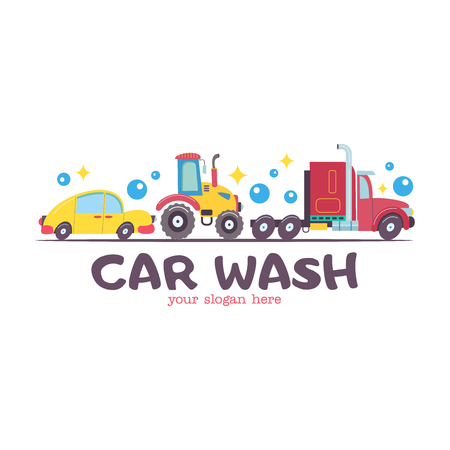 Emblem truck car wash. Vector illustration in cartoon style. Trucks, tractor at a car wash.のイラスト素材