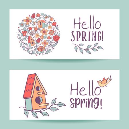 Hello, spring! Vector illustration. Set of cliparts. Spring flowers, bird houses, branches, leaves oriented in a circle. Birdhouse on a tree branch. Greeting card.のイラスト素材