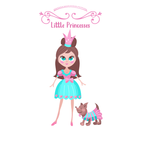 Toys for little princesses. Set of vector cliparts. A beautiful girl walks with his little dog dressed.のイラスト素材