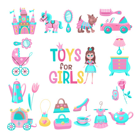 Toys for little princesses. Big set of vector cliparts includes castle,  carriage, mirror,  bags,  teapot.のイラスト素材