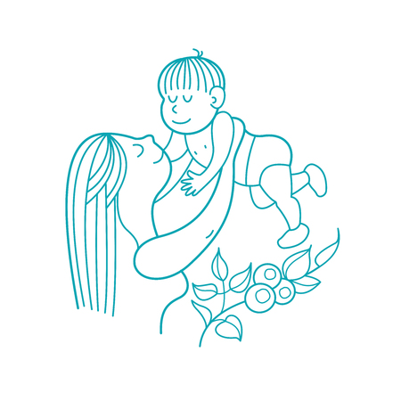 The mother and her child. Linear vector illustration. Logo of a happy motherhood and childhood. Happy family.のイラスト素材