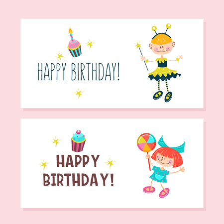 Happy birthday. Greeting cards. Cute girls having fun and delicious cakes with candles. Vector clipart.のイラスト素材