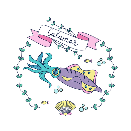 Beautiful banner with squid and other sea icons.のイラスト素材