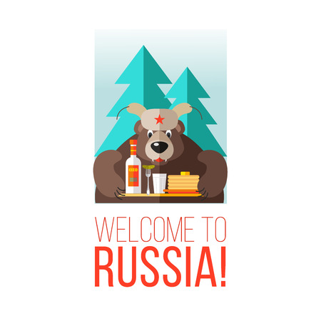 Russian bear holds a tray of vodka and pancakesのイラスト素材