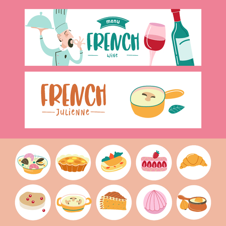 A set of French dishes related banner template and iconsのイラスト素材