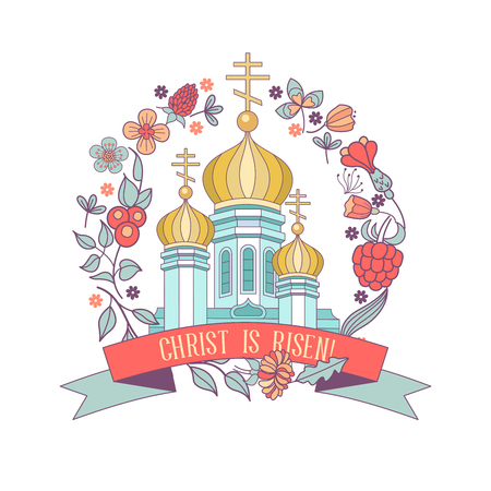 happy Easter! Christian Church with Golden domes framed by a floral wreath. Vector illustration.のイラスト素材