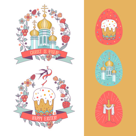 happy Easter! Christian Church with Golden domes and Easter cake framed flower wreath. Vector illustration. Set of Easter eggs.のイラスト素材