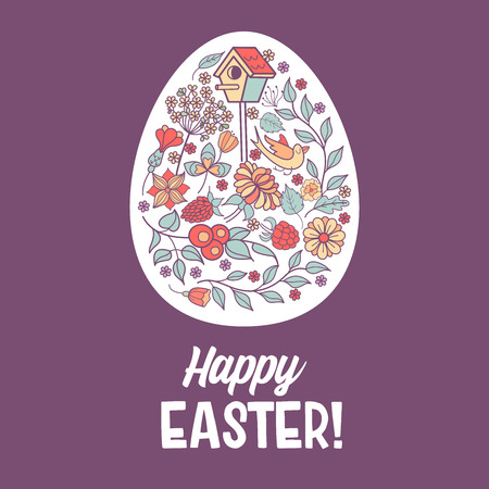 Happy Easter. Easter egg with flower pattern. Flowers, herbs, birdhouse, bird. Spring holiday Easter vector illustration.のイラスト素材
