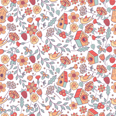 Seamless pattern.  Spring flowers, herbs, birdhouses, birds. Cute spring pattern for printing onto fabric, paper.のイラスト素材