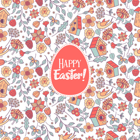Seamless pattern.  happy Easter. Spring flowers, herbs, birdhouses, birds. Cute spring pattern for printing onto fabric, paper for decoration congratulation with Easter.のイラスト素材