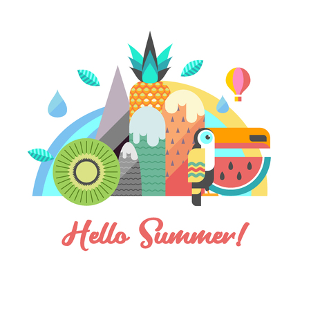 Hello summer. Vector illustration.  Toucan on a background of a mountain landscape, a rainbow, a waterfall, tropical fruit. Pineapple, watermelon, kiwi. In the sky balloon.のイラスト素材
