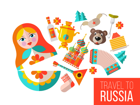 Welcome to Russia. Travel to Russia. Set of clipart Russian traditional items. Russian souvenir. Vector illustration.のイラスト素材