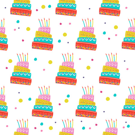 Seamless pattern. Beautiful birthday cake with candles. For printing on textiles, paper. For birthday gift packaging.  Vector illustration.のイラスト素材