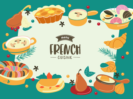 French cuisine, different dishes. A great set of vector dishes.のイラスト素材