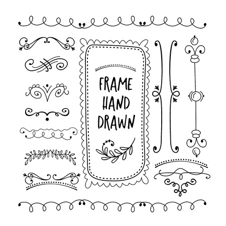 Vector floral decor set of hand drawn Doodle frames, dividers, borders, elements. Isolated on a white background.のイラスト素材