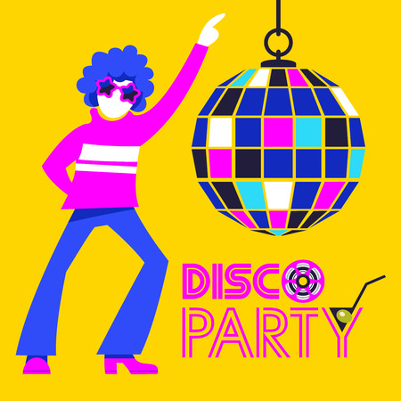 Retro disco party. Vector illustration, poster. Guy dancing on a bright yellow background. Shiny disco ball.のイラスト素材