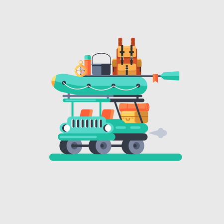 The trip by car. Vector illustration, emblem of automobile tourism. Truck loaded with rubber boat for fishing, backpack and bowler.のイラスト素材