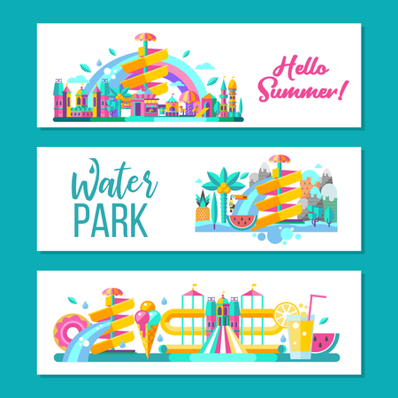 Water park. Water slides, summer fun on the water. Summer vacation, tropical fruits, nature, recreation. Vector clipart.のイラスト素材