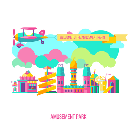 Amusement Park, theme Park, water Park. A large set of carousel icons, water slides, fun on vacation and weekends for the whole family. The plane carries a banner with The inscription welcome. Vector illustration.のイラスト素材