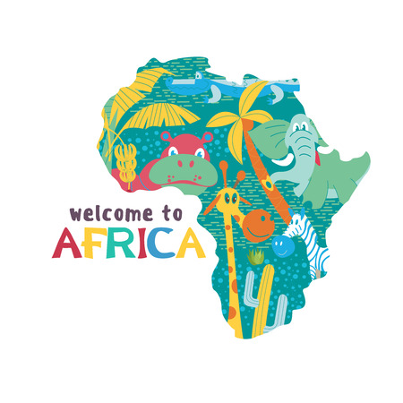 A silhouette of Africa with African animals and trees. Elephant, Hippo, giraffe, palm trees, cactus. Welcome to Africa. Vector illustration.のイラスト素材