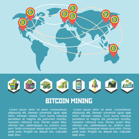 Map of circulation of bitcoins in the world. Vector illustration. Bitcoin mining icon set.のイラスト素材