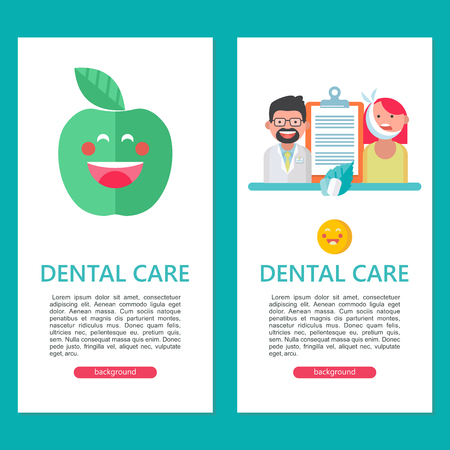 Dental care. Vector illustration with place for text. For the design of flyers and brochures dental clinic.  Dentist and patient. Cheerful green Apple.のイラスト素材