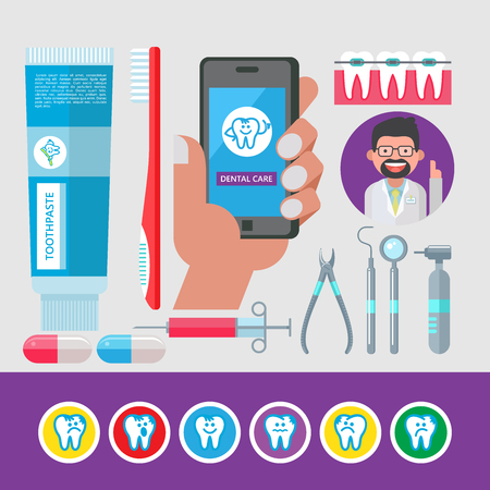 Dental care. Set of vector elements. Dental tools, toothpaste, toothbrush, dentist, hand holding smartphone with mobile dentistry app.のイラスト素材