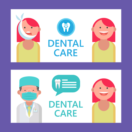 Dental care. Vector illustration with place for text. For the design of flyers and brochures dental clinic.  Dentist and patient with toothache.のイラスト素材