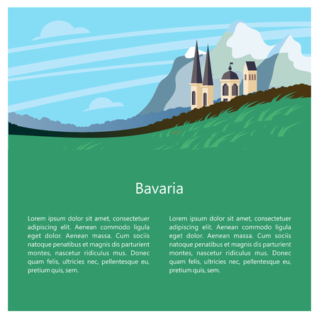 Bavaria, Germany. Beautiful landscapes, traditional architecture of Bavaria. Castles, villages, mountains, fields. Postcards, logos, emblems with space for text.のイラスト素材